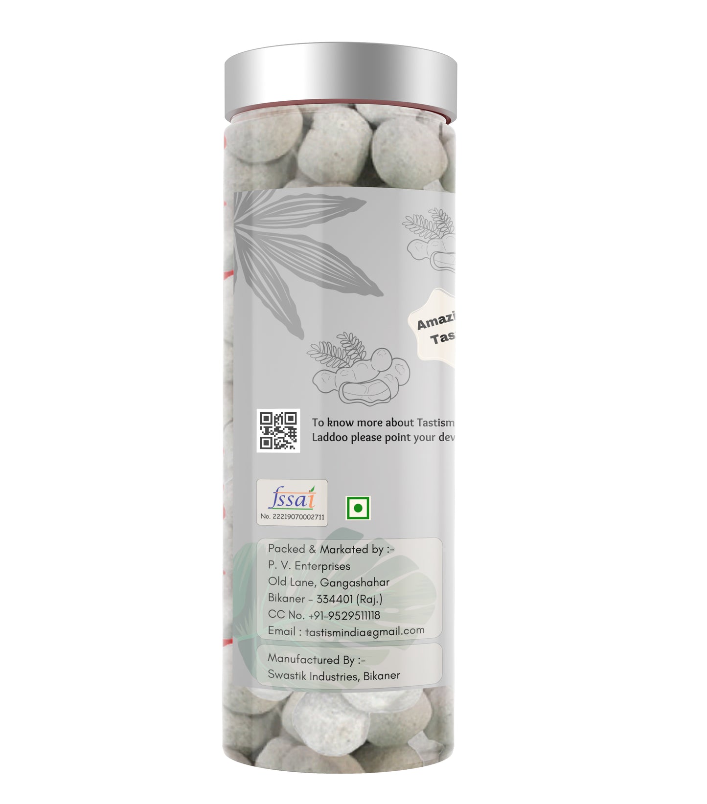Tuttar Laddoo packaging with white laddoo balls and a silver lid on a white background
