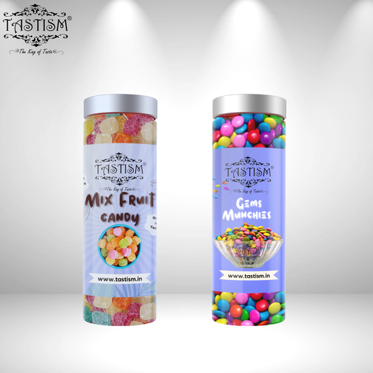 Tastism Combo Gems Chocolates (Chocolates Buttons)/Chocolate Munchies (200) + Tastism Colorful Mix Fruit Candy (Hira Moti candy) 200 Gram