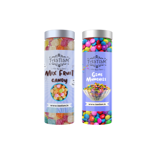 Tastism Combo Gems Chocolates (Chocolates Buttons)/Chocolate Munchies (200) + Tastism Colorful Mix Fruit Candy (Hira Moti candy) 200  Gram